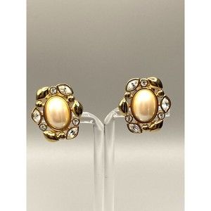 Monet Signed Vintage Gold-tone Faux Pearl & Rhinestone Clip On Earrings 1"